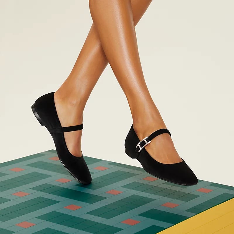 Hermes Jane Ballet Flat In Velvet Noir H242046Z 02370