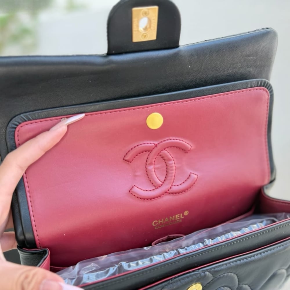 Chanel Flap Bag With Camellia Flower Chain Black 26Cm