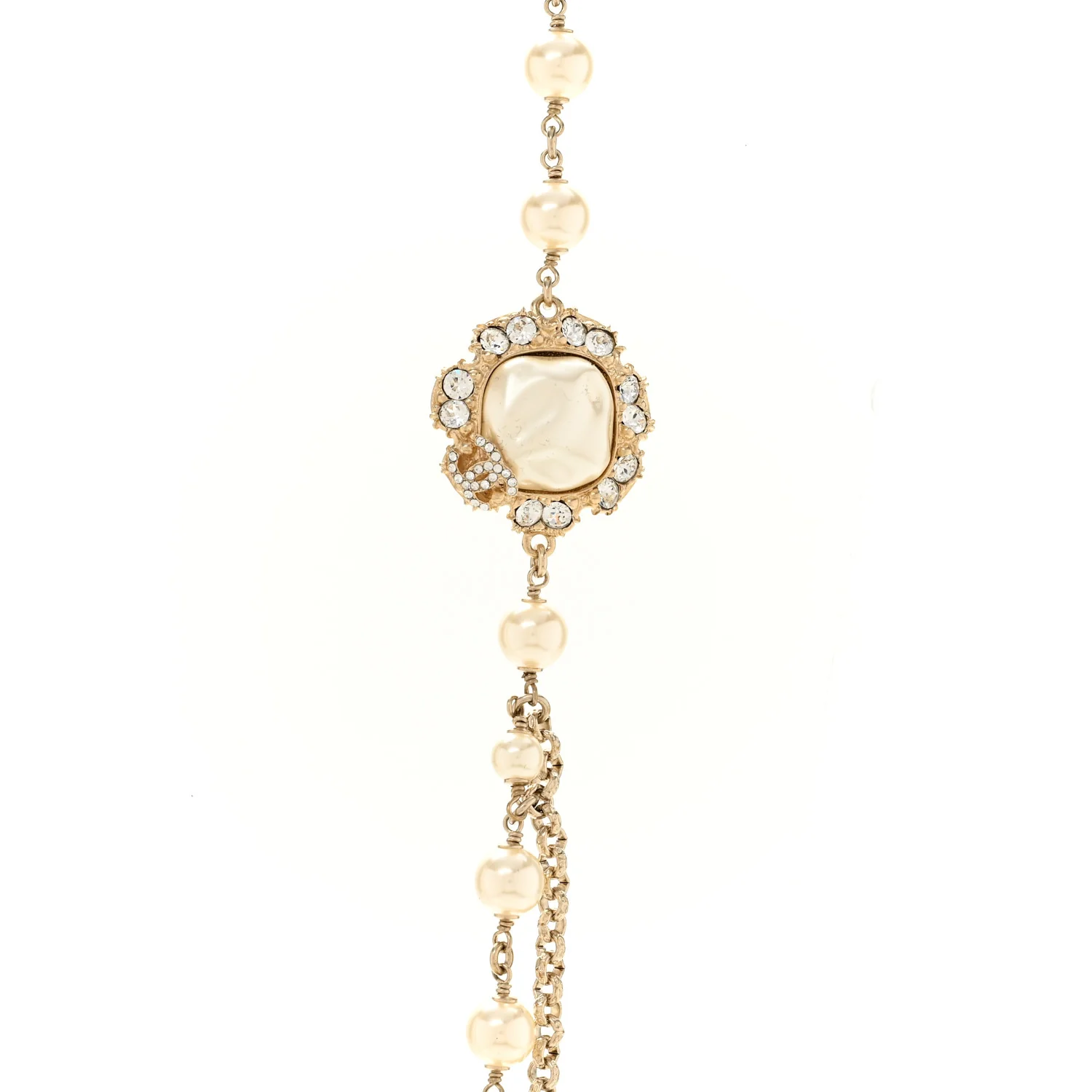 Pearl Crystal CC Camellia Express Long Necklace Gold