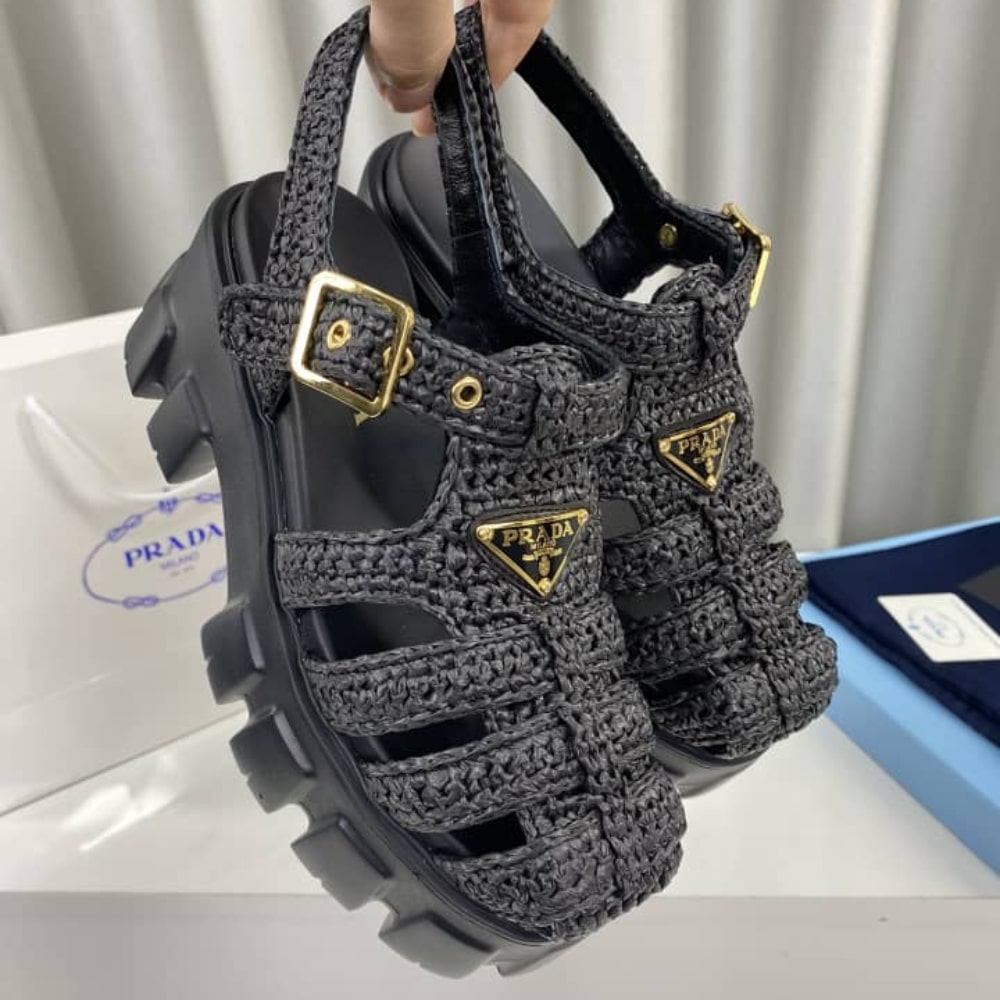 Prada Monolith Crochet Cage Sandals Black 1X138N 3L8W F0002 F 055