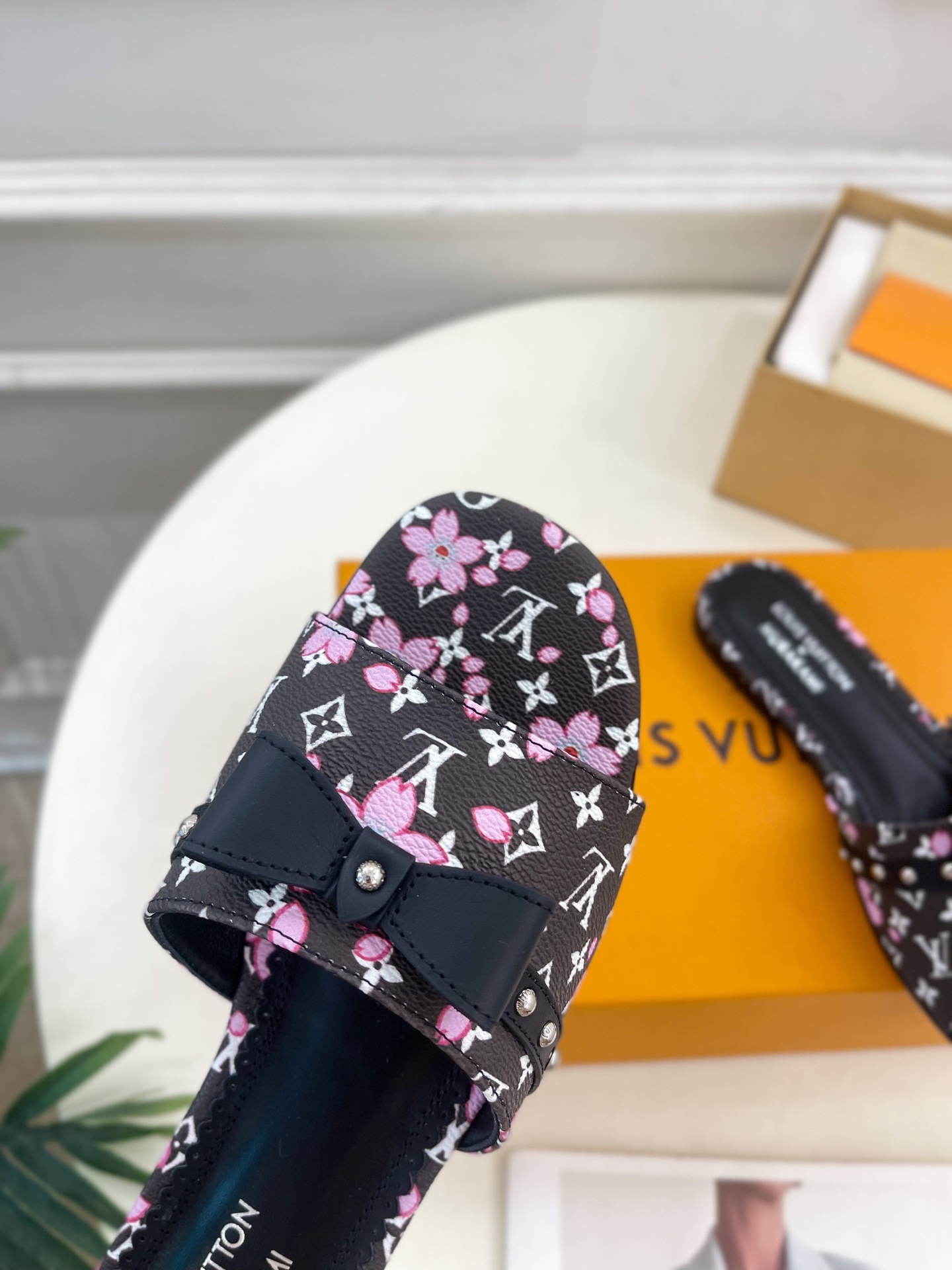 Louis Vuitton x Takashi Murakami Cherry Blossom Flat Slide Black Monogram with Bow