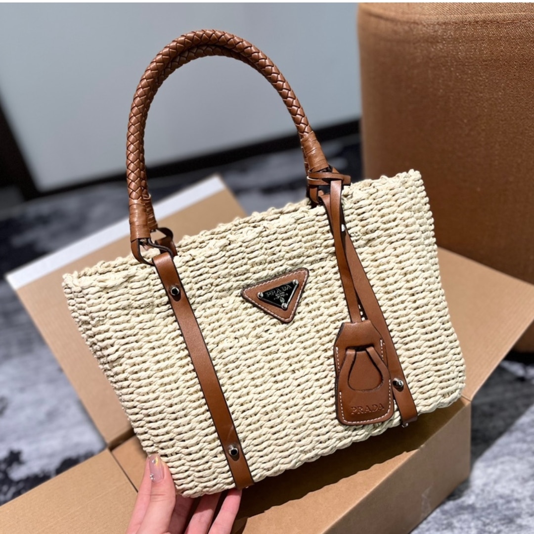 Prada Two Tone Woven Tote Bag In Multi Natural 28Cm