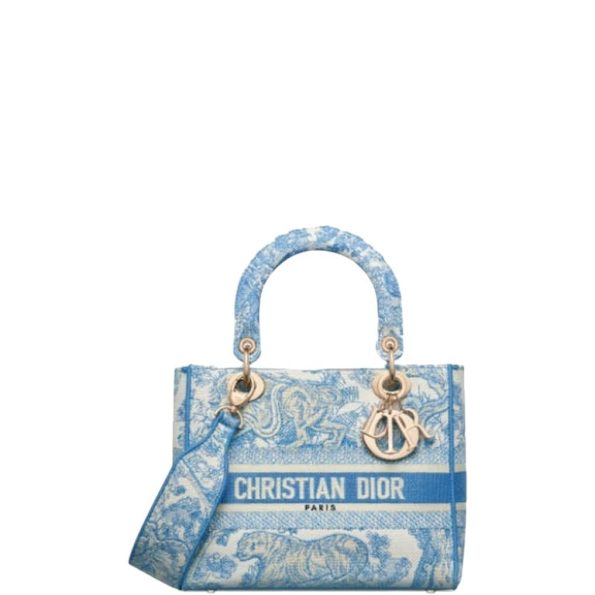 DIOR MEDIUM LADY D-LITE CORNFLOWER BLUE TOILE EMBROIDERY 24CM