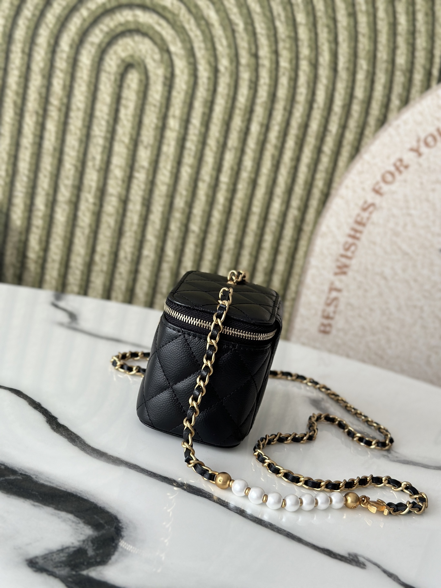 Mini Vanity Case with Pearl Chain (AP3940) in Black Caviar Leather with Gold-Tone Hardware