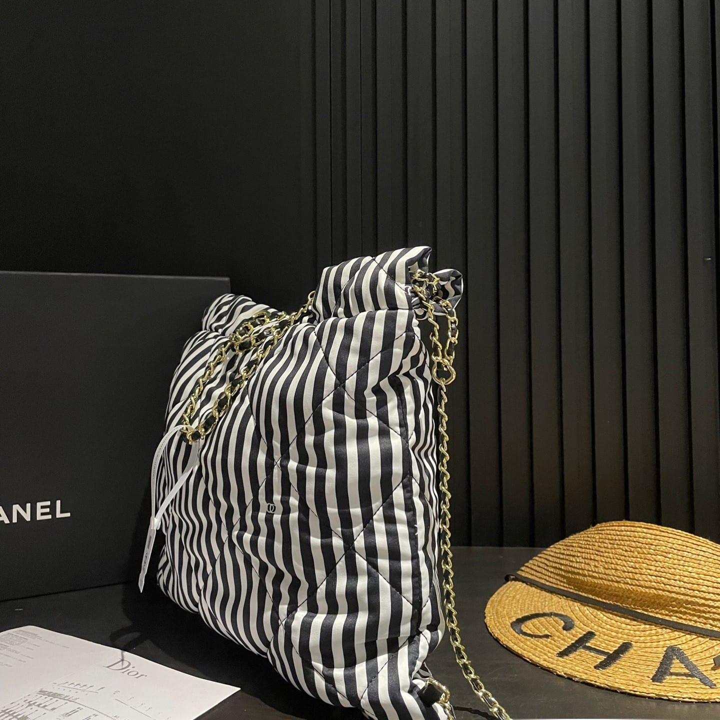 Chanel Large Backpack Printed Fabric And Gold Metal In Black And White 36Cm