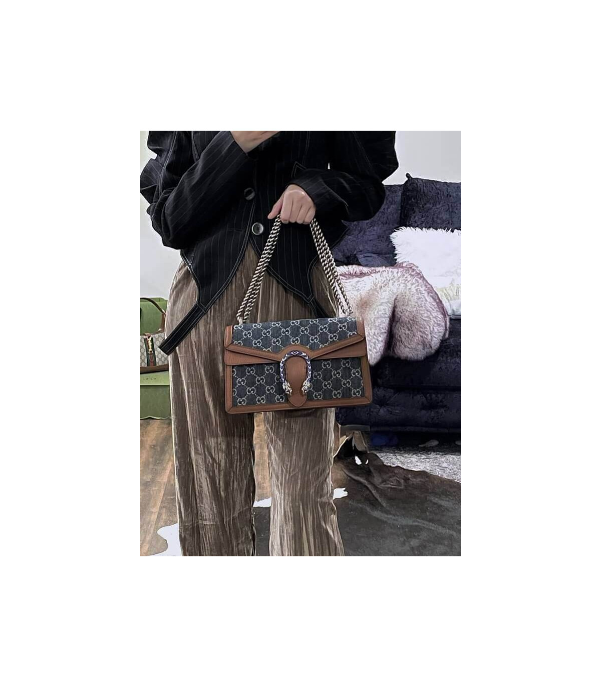 Gucci Small Dionysus Shoulder Bag in Blue Jacquard Denim 28cm