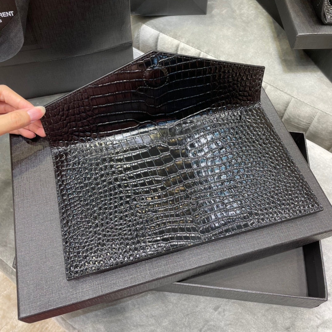 Saint Laurent Uptown Pouch In Crocodile Embossed Shiny Leather