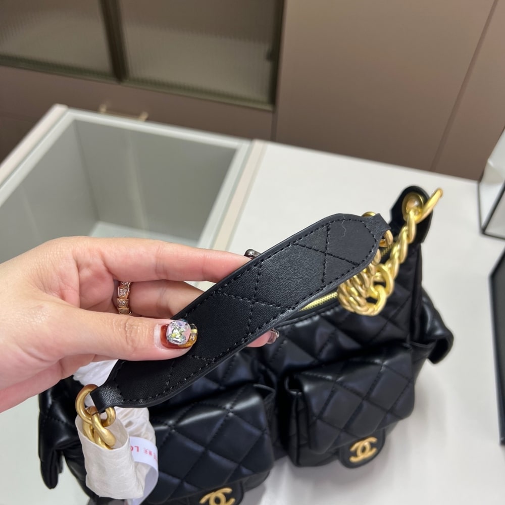 Chanel Maxi Hobo Bag Gold Tone Metal Black 25cm