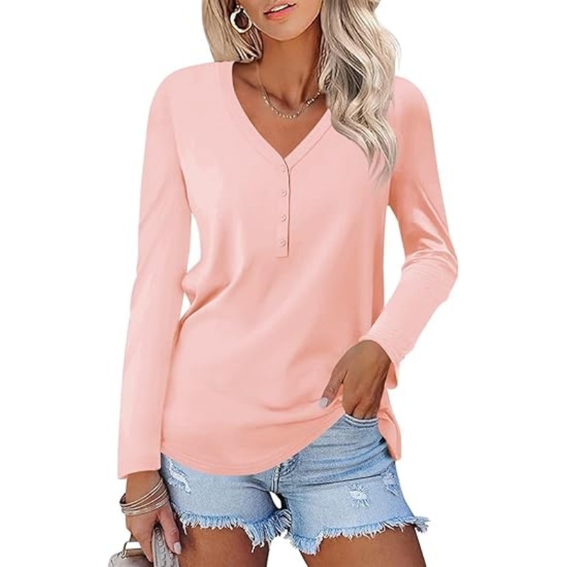 Women's Long Sleeve V‑Neck Henley Tops