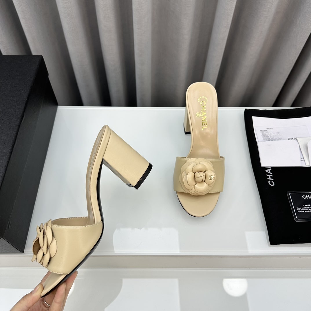 Chanel Camellia Medium Heel Slippers Beige
