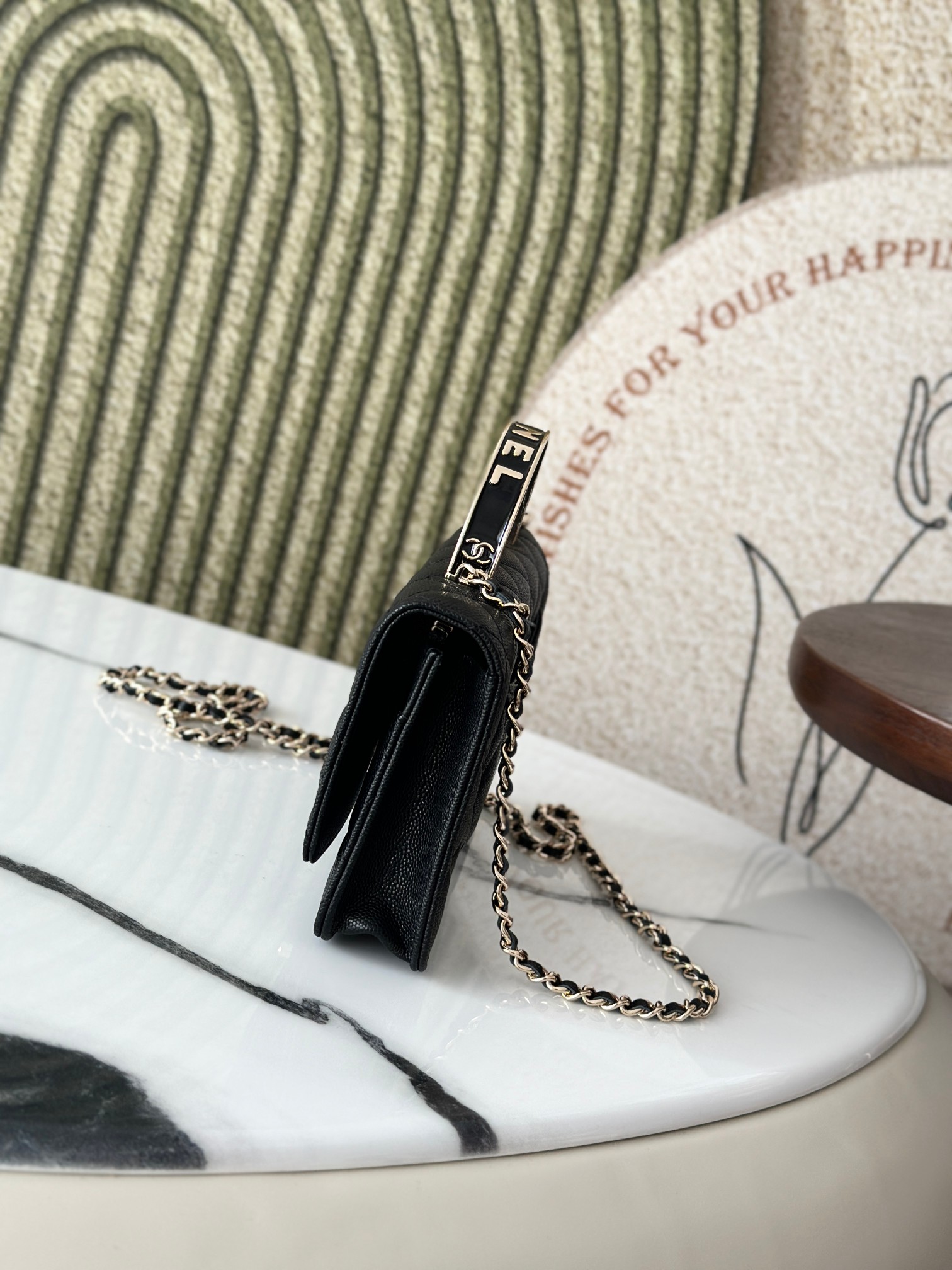 Wallet on Chain with Top Handle in Black Quilted Caviar Leather with Gold-Tone Hardware
