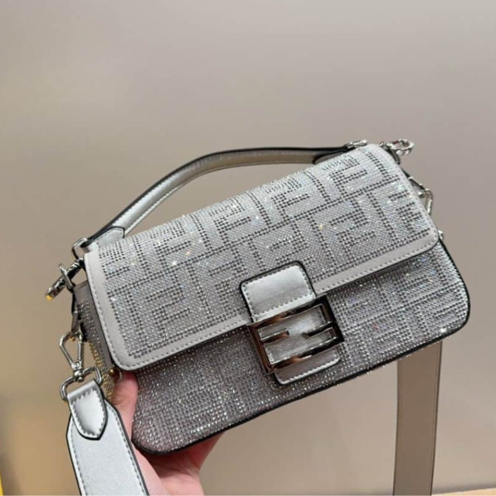 Fendi Baguette Crystal Trim Silver 25Cm