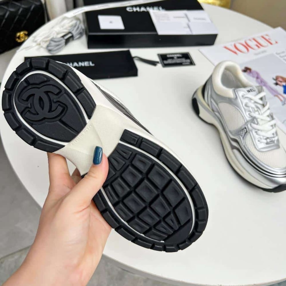 Chanel 23C Silver Metallic Cc Logo Lace Up Flat Runner Trainer Sneaker White G39792 Y56368 K5451