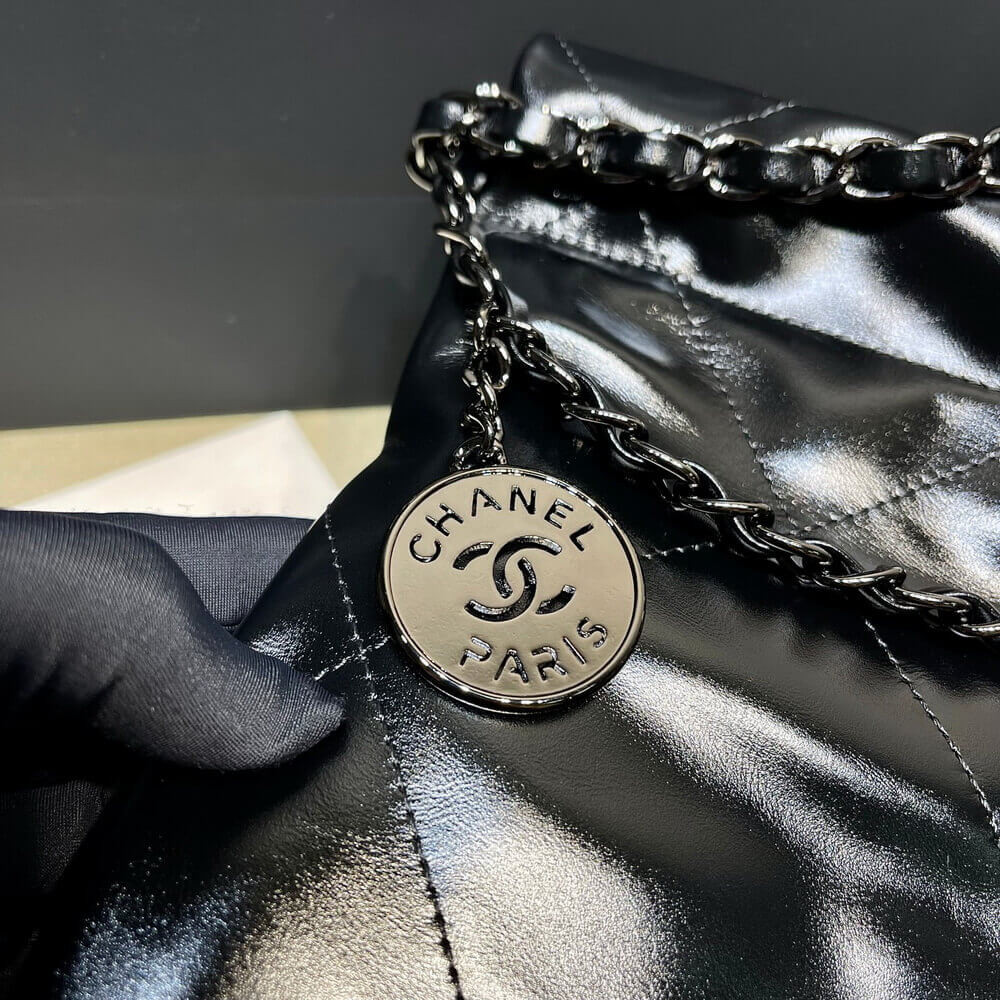 Chanel 22 Small Handbag Shiny Calfskin Black with Black logo
