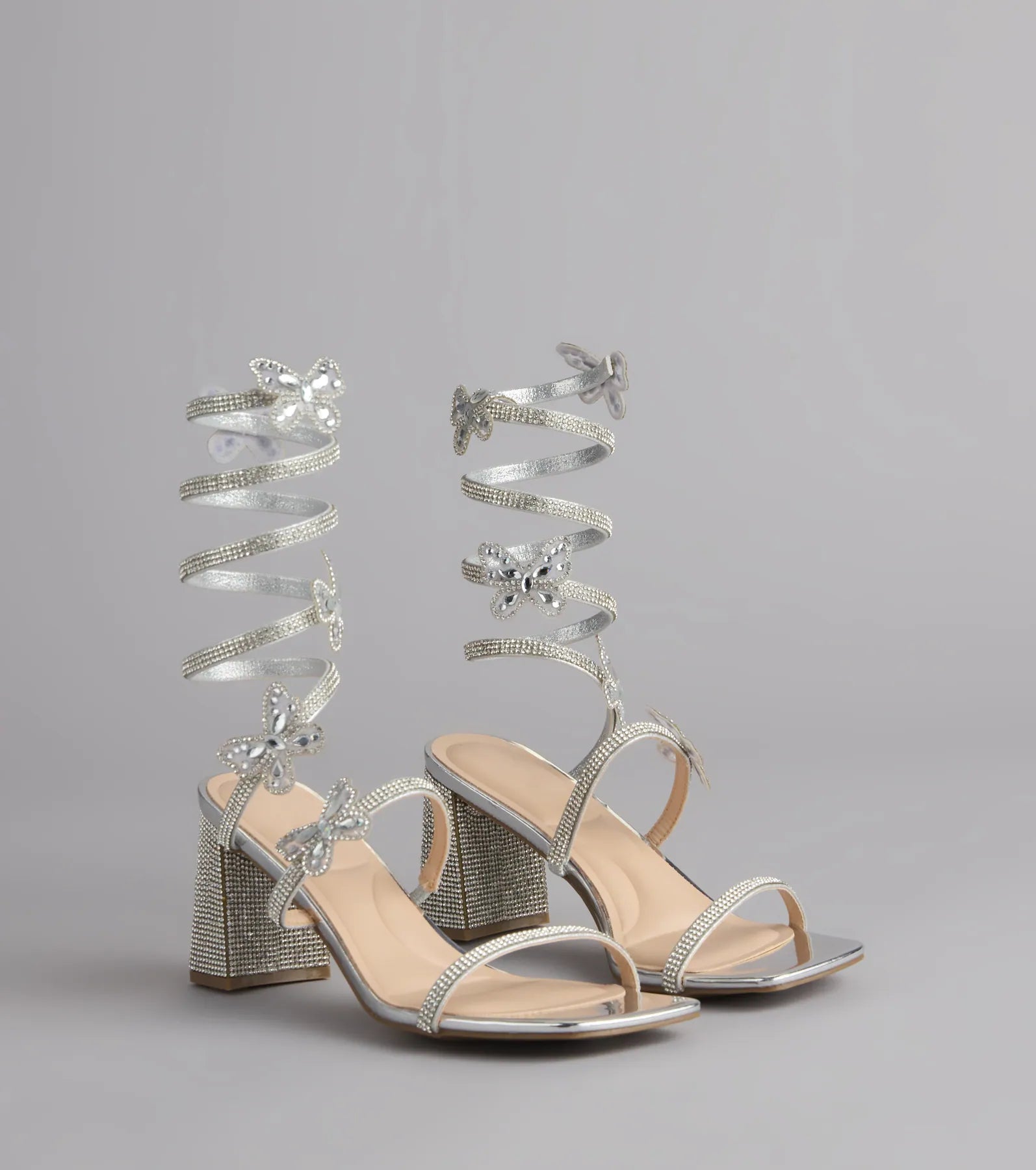 Flutter Up Rhinestone Spiral Strap Heels