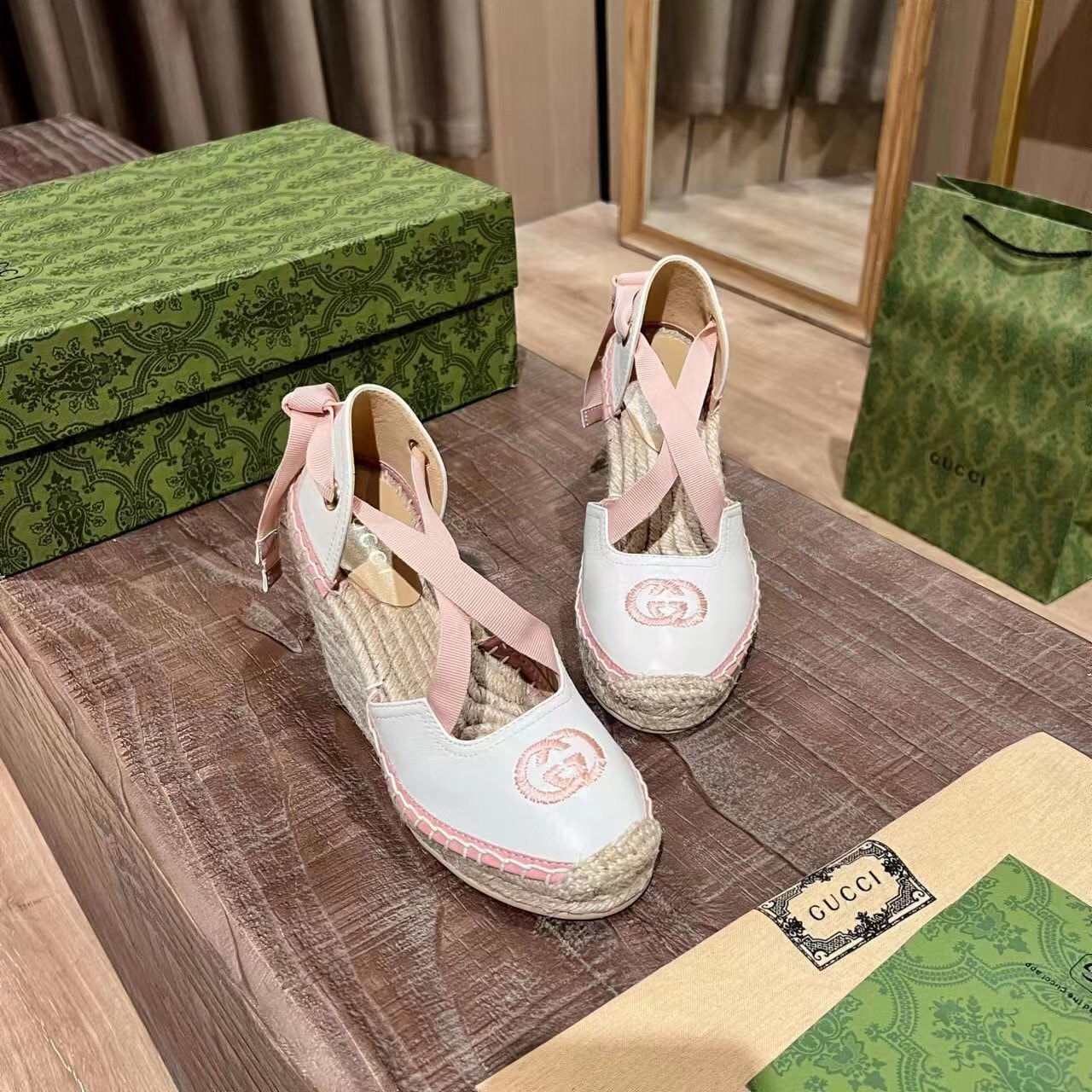 Gucci Gg Canvas Wedge Espadrilles Pink