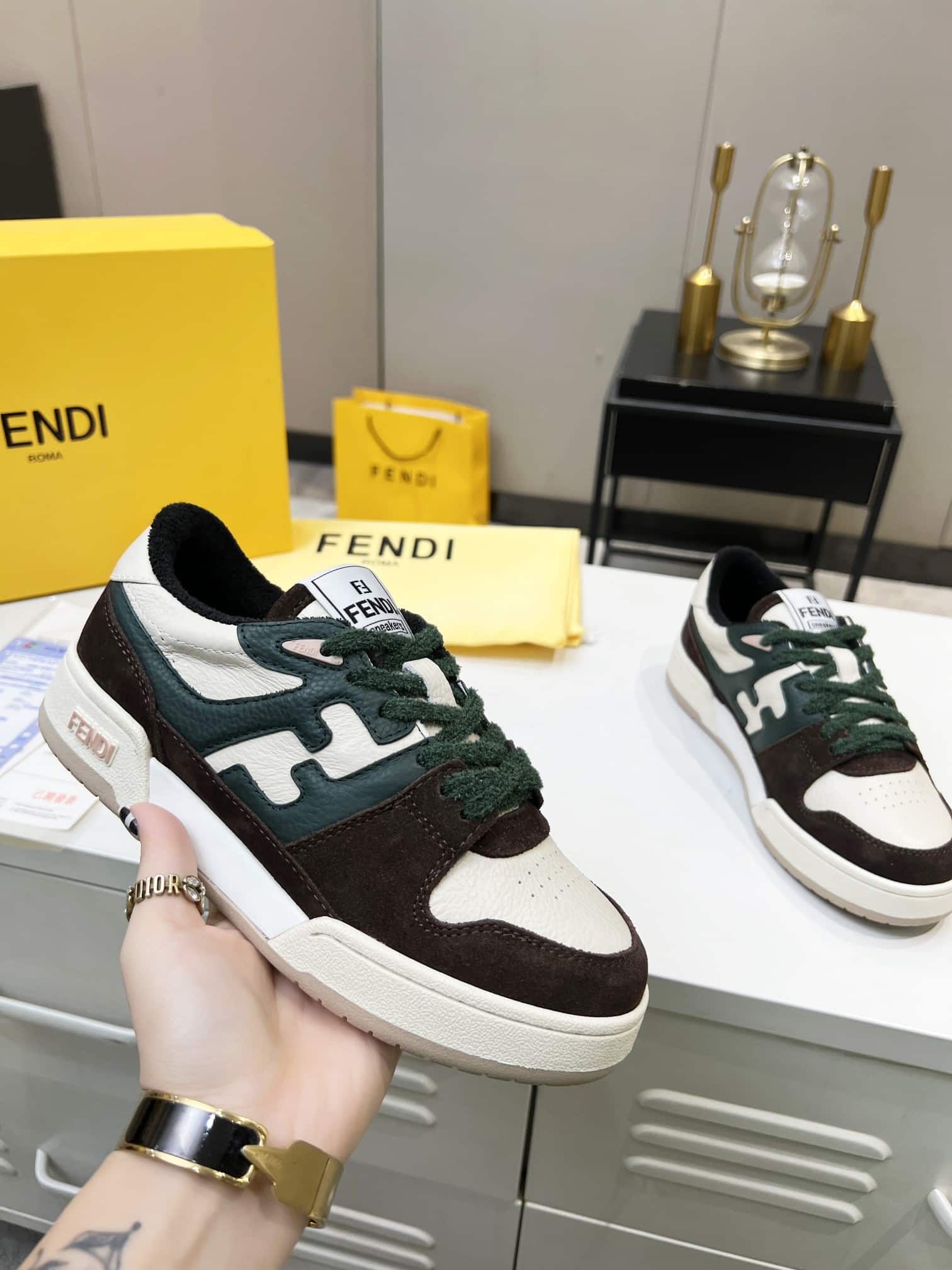 Fendi Match Low Tops Suede Black Green Shoelace