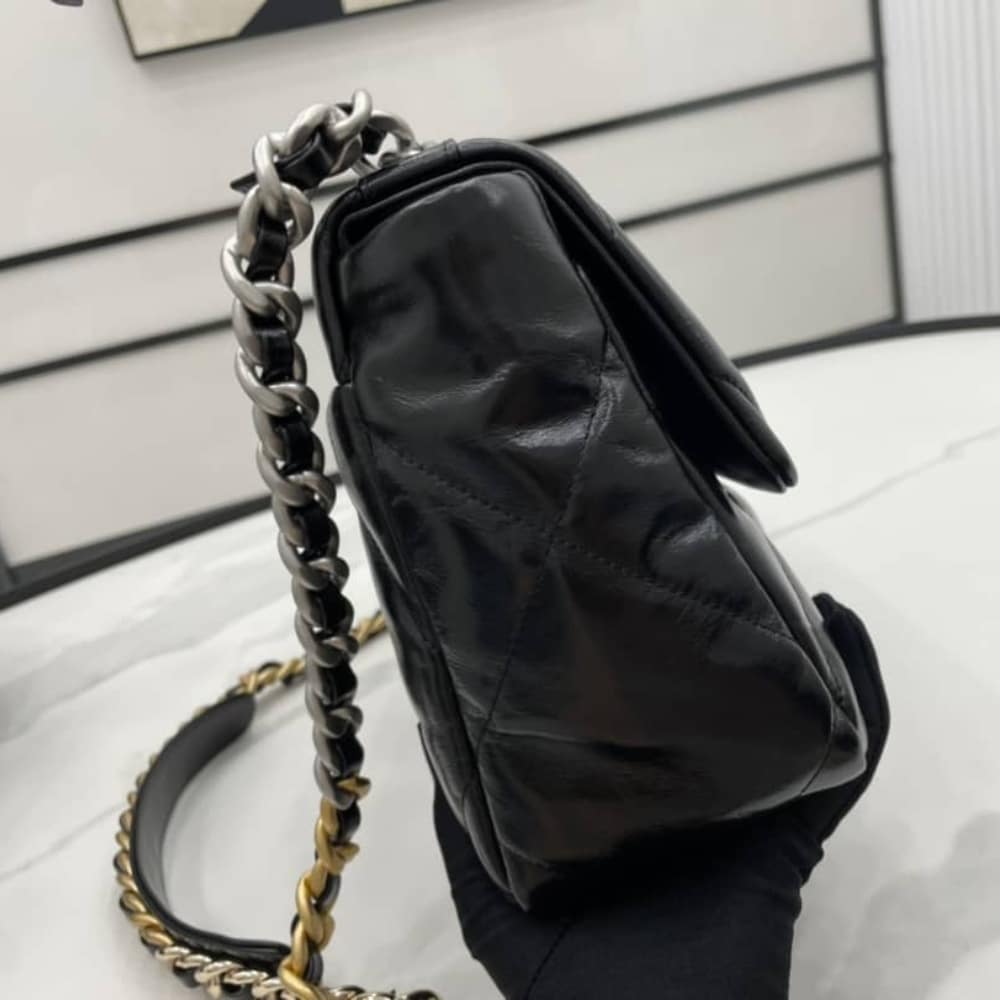 Chanel 19 Series Classic Double C Logo Silver Turn Buckle Black 31cm