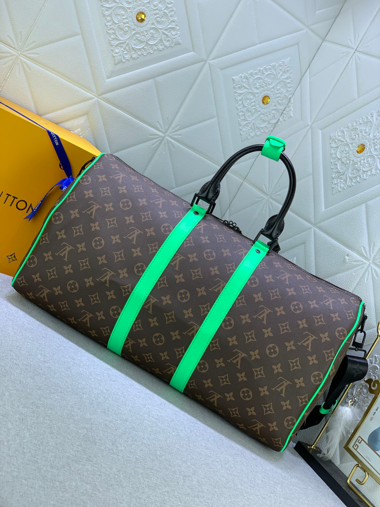 Louis Vuitton Keepall Bandoulire 50 Brown And Mint Line Macassar Canvas M46259
