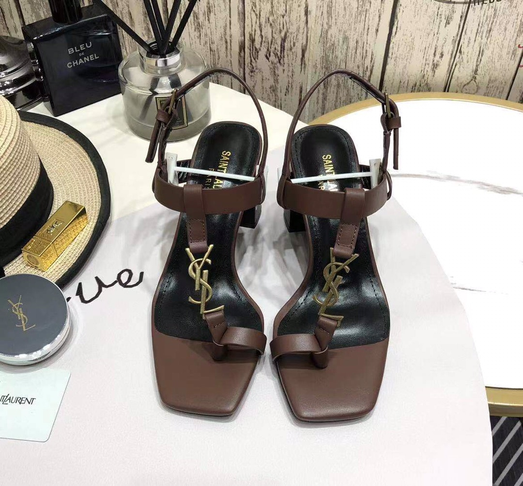 Saint Laurent Cassandra Leather Slingback Sandals Brown