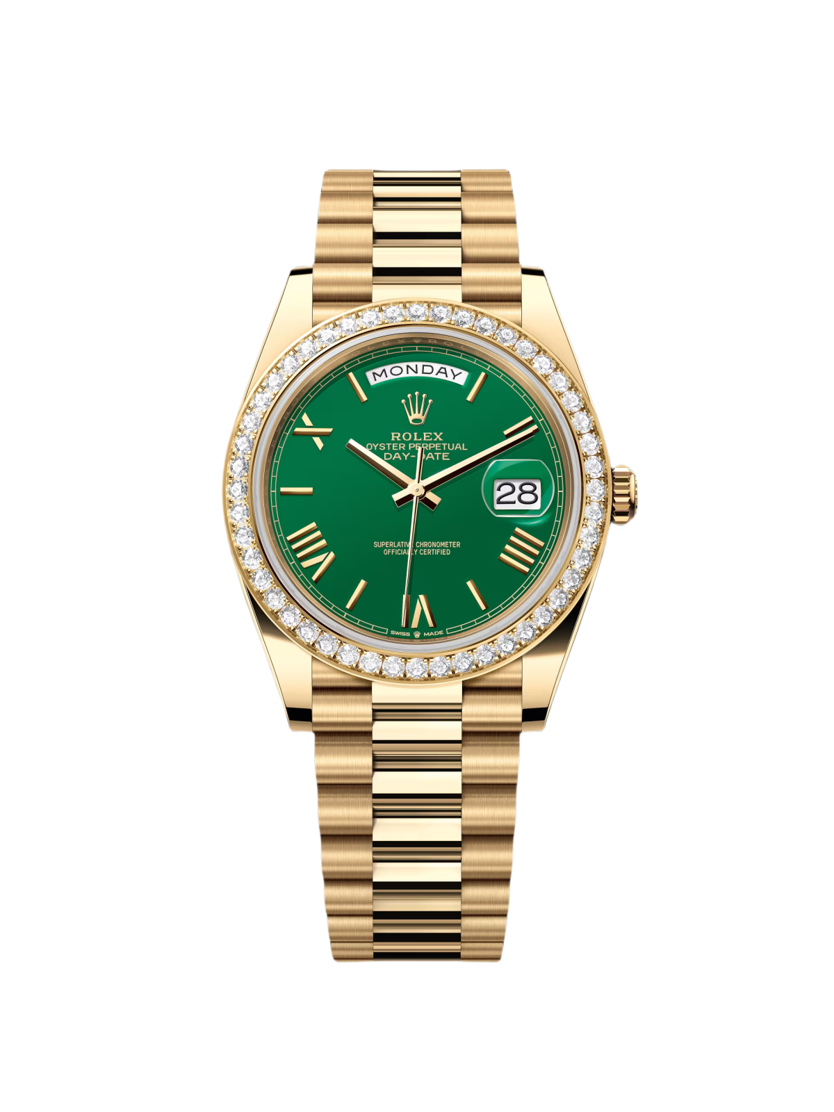 【Super Clone】RLX  Day-Date President 40mm Yellow Gold Green Roman Dial Diamond Bezel - 228348rbr