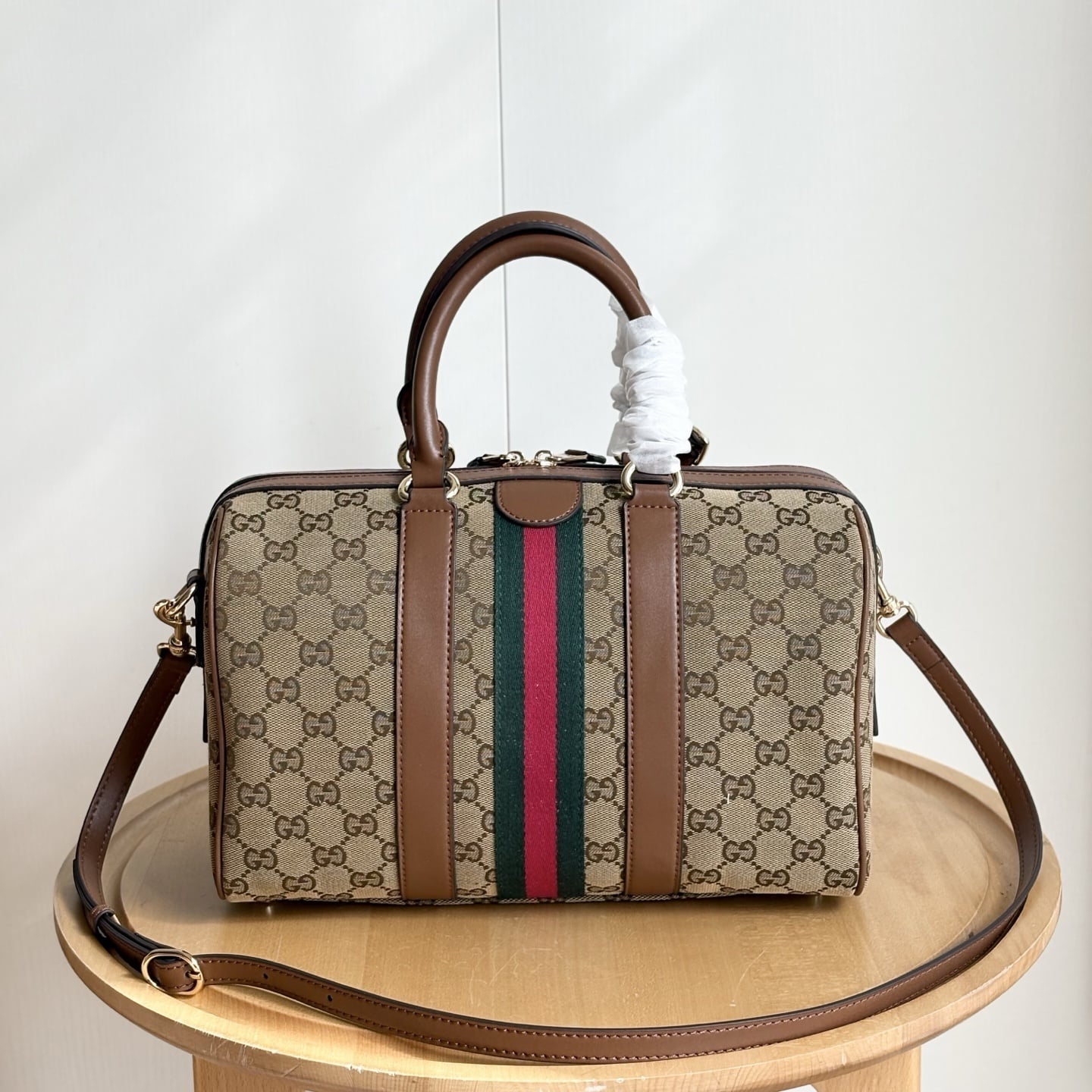 Gucci Ophidia Medium Boston Bag Beige And Brown GG Canvas 30Cm ‎857595 FAFUF 9870