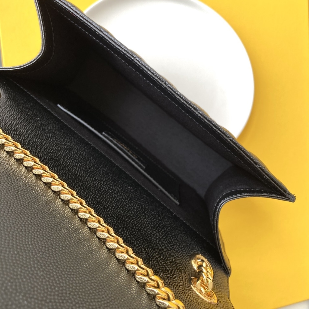 Saint Laurent Envelope Medium In Quilted Grain De Poudre Embossed Leather Black Gold 24Cm 600185Bow911000