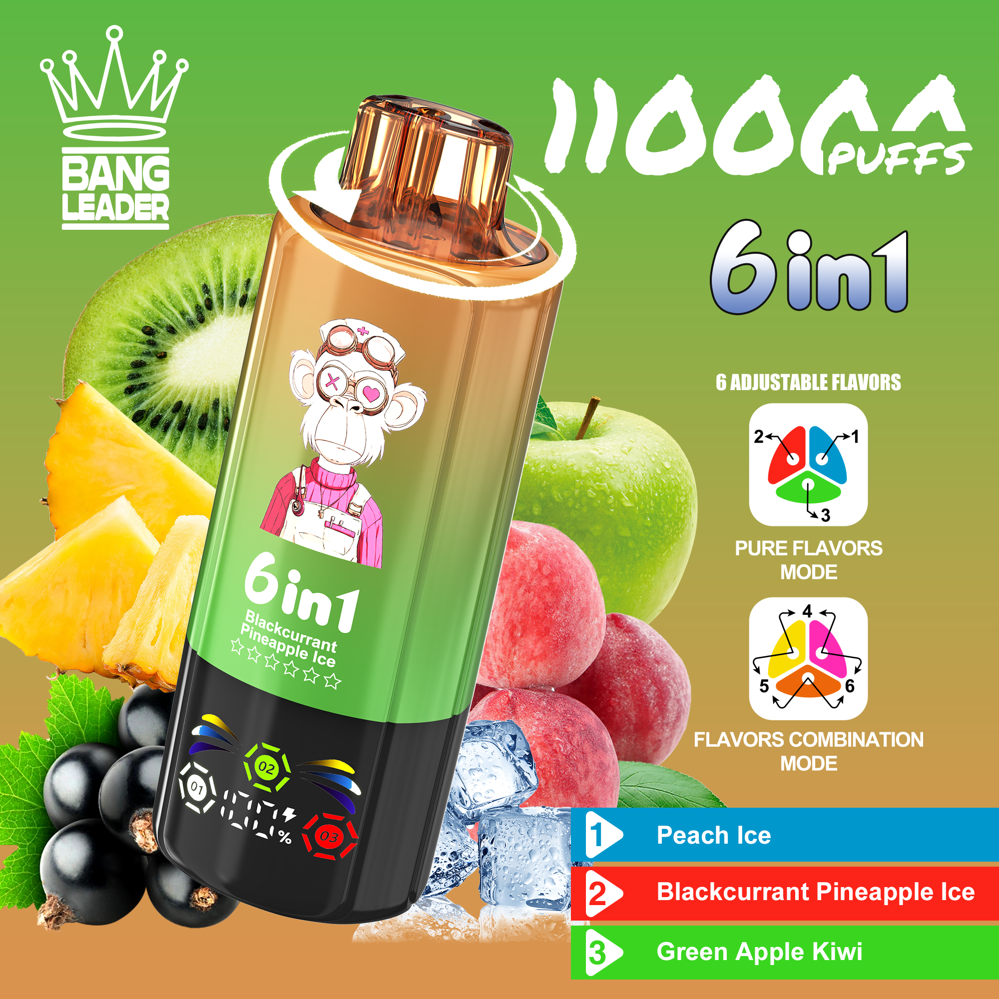 Bang Leader 110K Puffs 6-in-1 Prefilled  Vape | 6 Flavors in 1 Device,  Rechargeable, 3%/5%