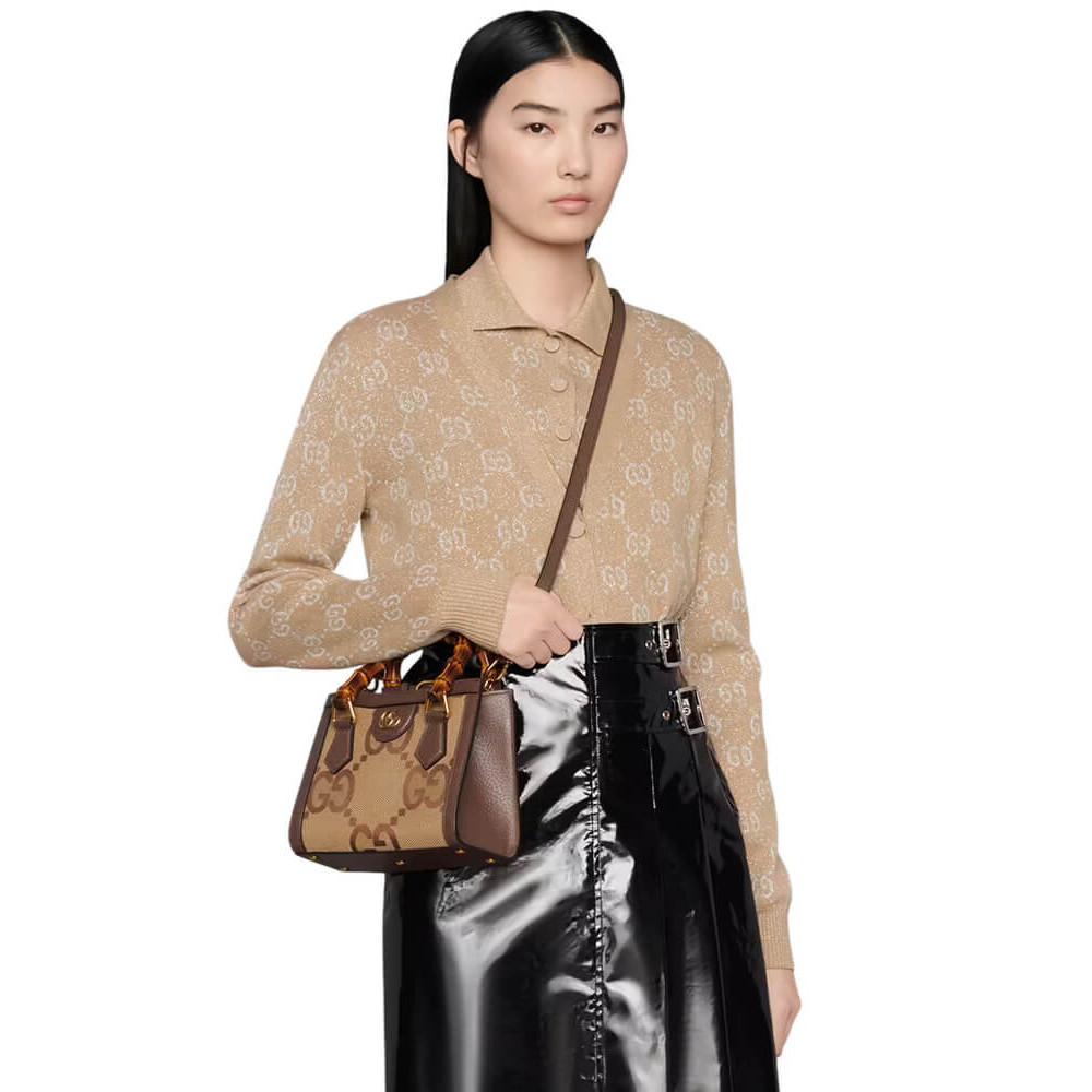 Gucci Diana Jumbo GG Mini Tote Bag Camel Brown Canvas 20cm