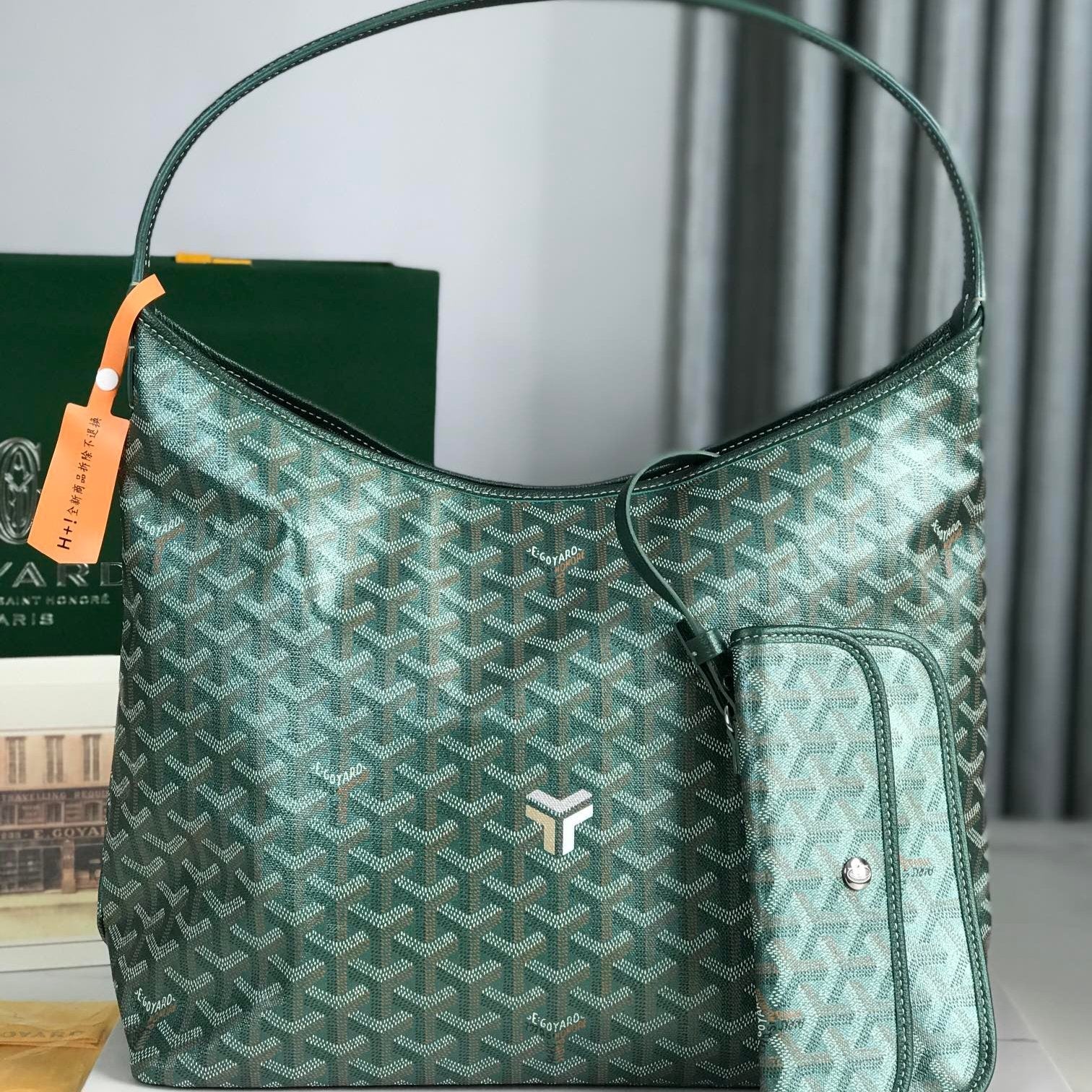 Goyard Bohème Hobo Bag 42Cm Green Canvas Chevroches Calfskin