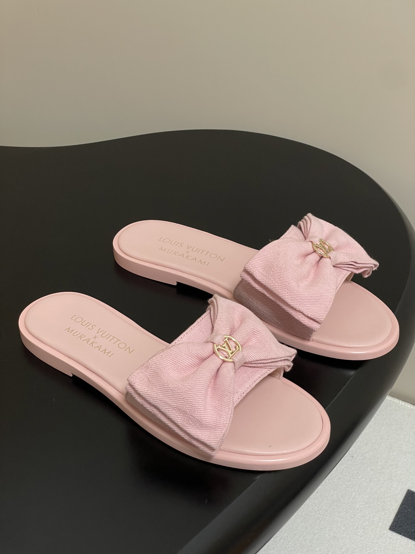 Louis Vuitton x Takashi Murakami Lily Flat Mule Bow Slide Sandals Black Canvas 1AGVYA