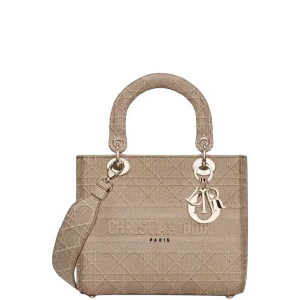 DIOR LADY D LITE BAG BEIGE CANNAGE EMBROIDERY 24CM M0565OREYM919