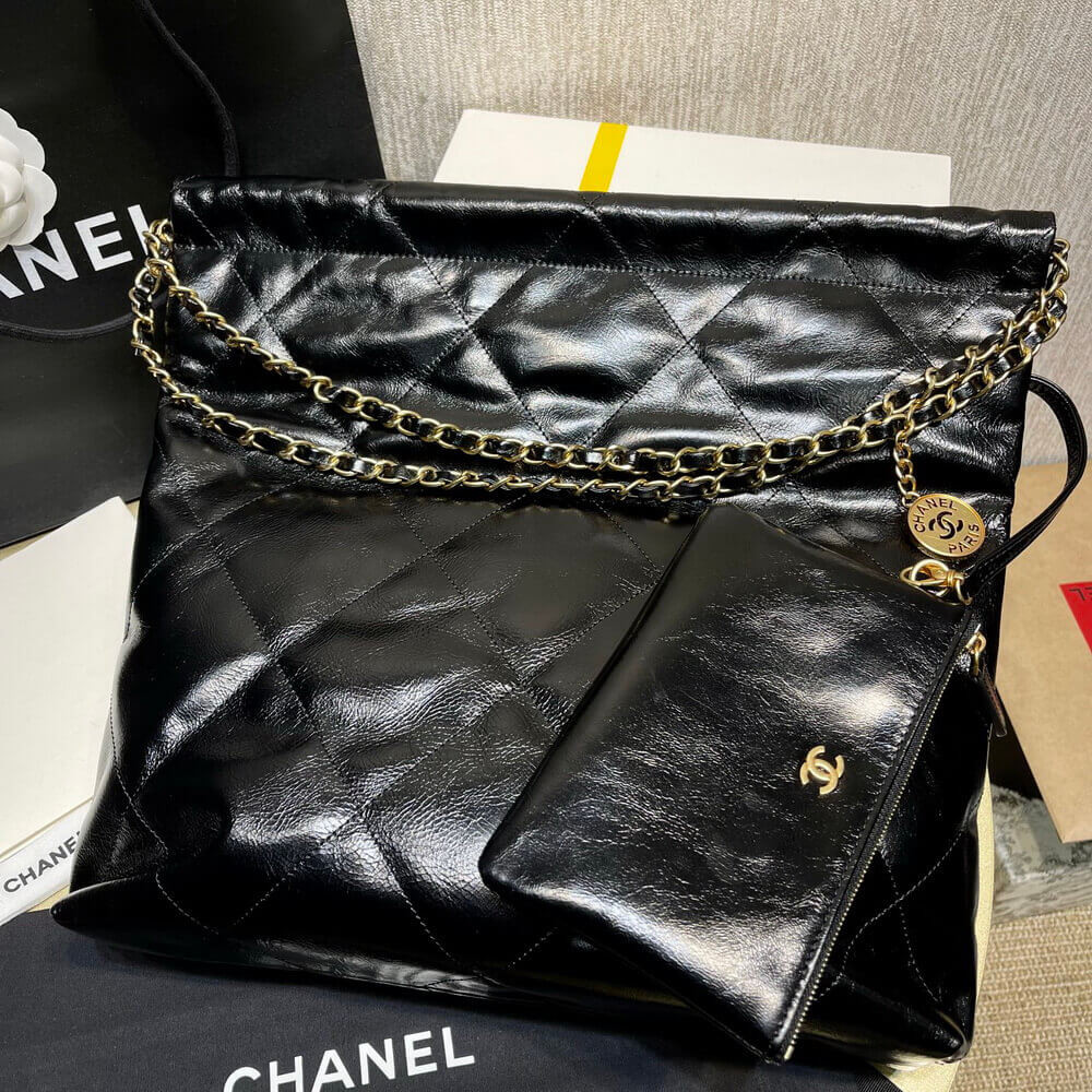 Chanel 22 Small Handbag Shiny Calfskin Black Gold