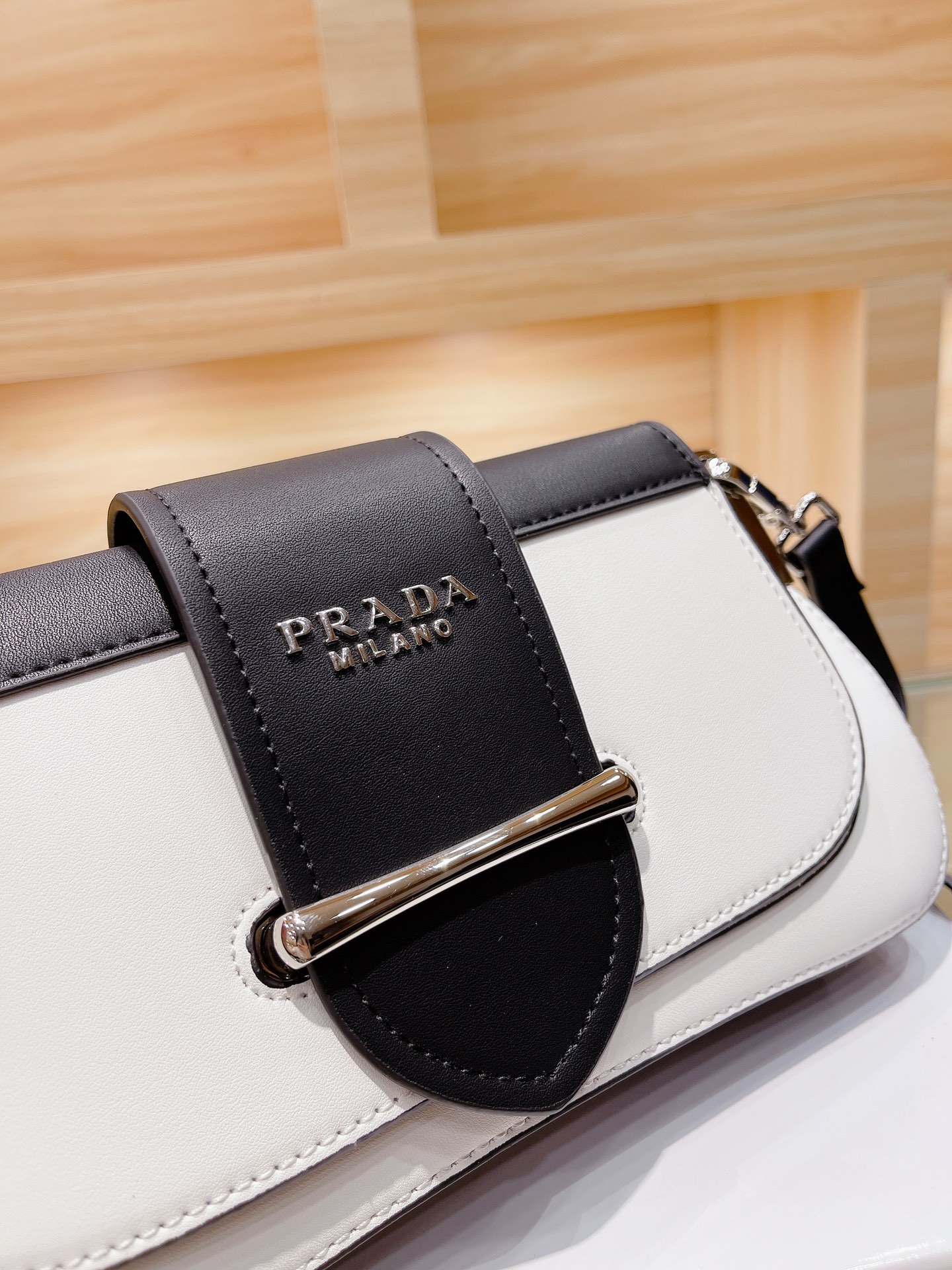 Prada City Calfskin Sidonie Shoulder Bag White Black 28Cm