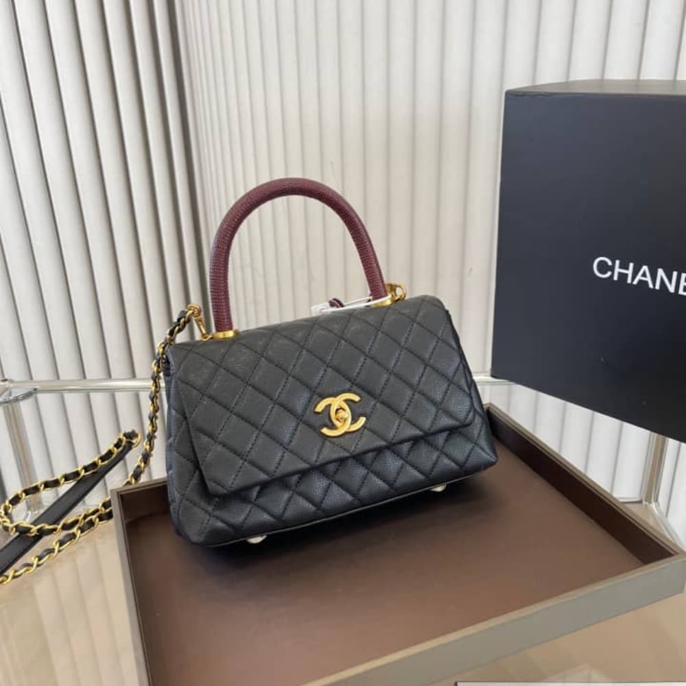 Chanel Coco Medium Grained Leather Top Handle Bag Black 23cm