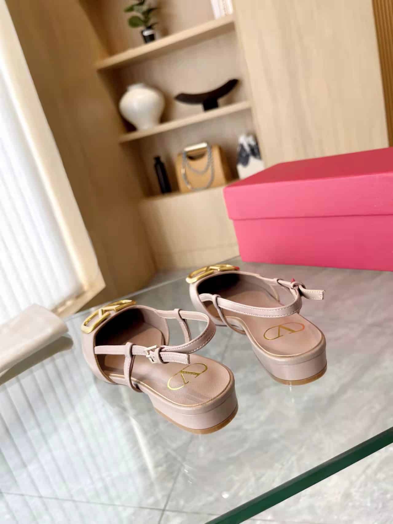 Valentino Garavani V Logo Leather Slingback Flats Beige