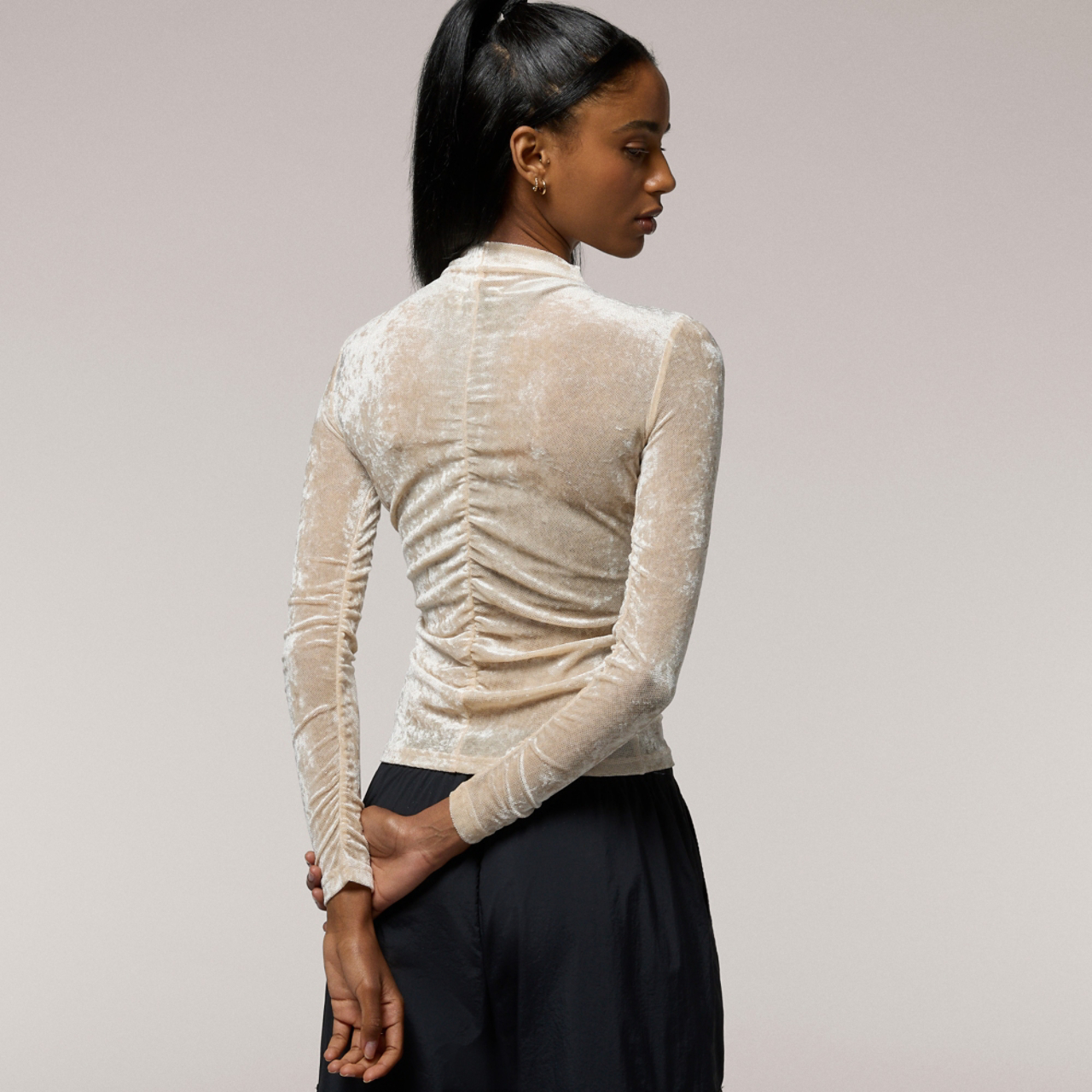 Cozi Ruched Mesh Top with Flocking