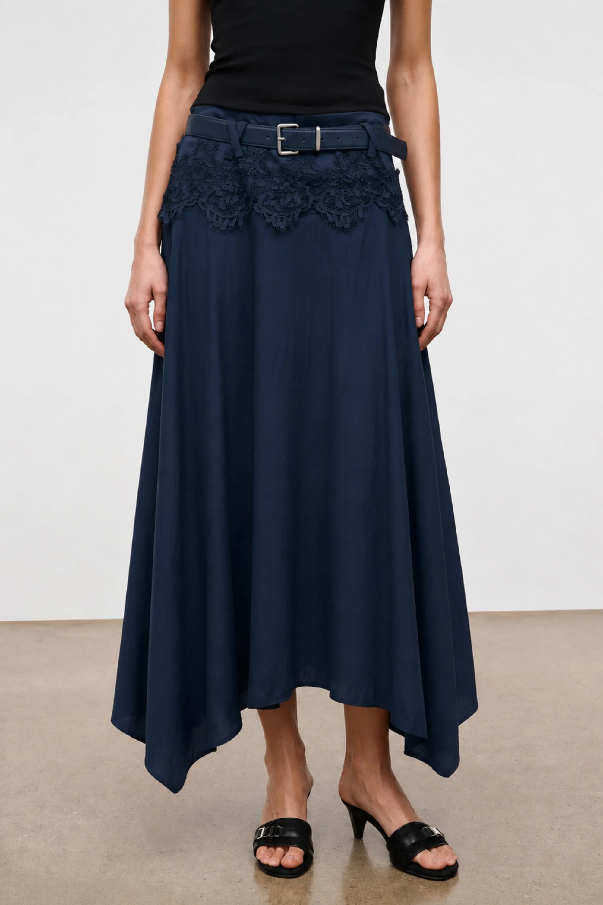 Navy Lace Asymmetric Belted Skirt