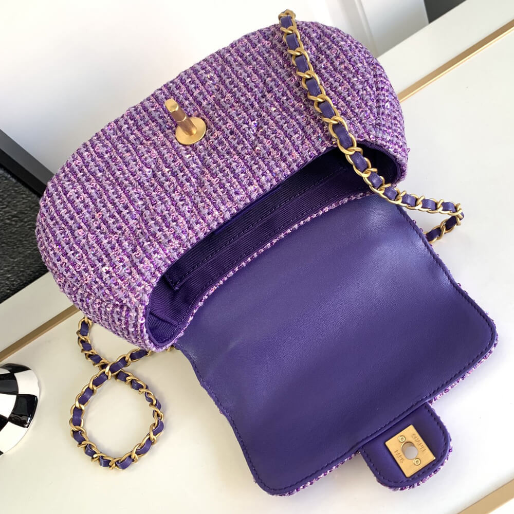 Chanel Mini Sequin Flap Bag with Top Handle Purple Tweed