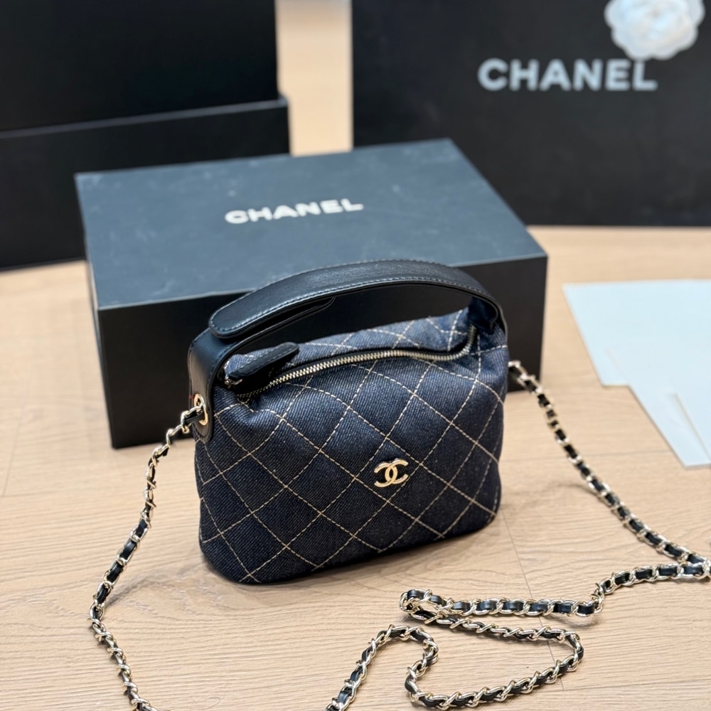 Chanel Mini Clutch With Shoulder Strap Denim Dark Blue 17cm