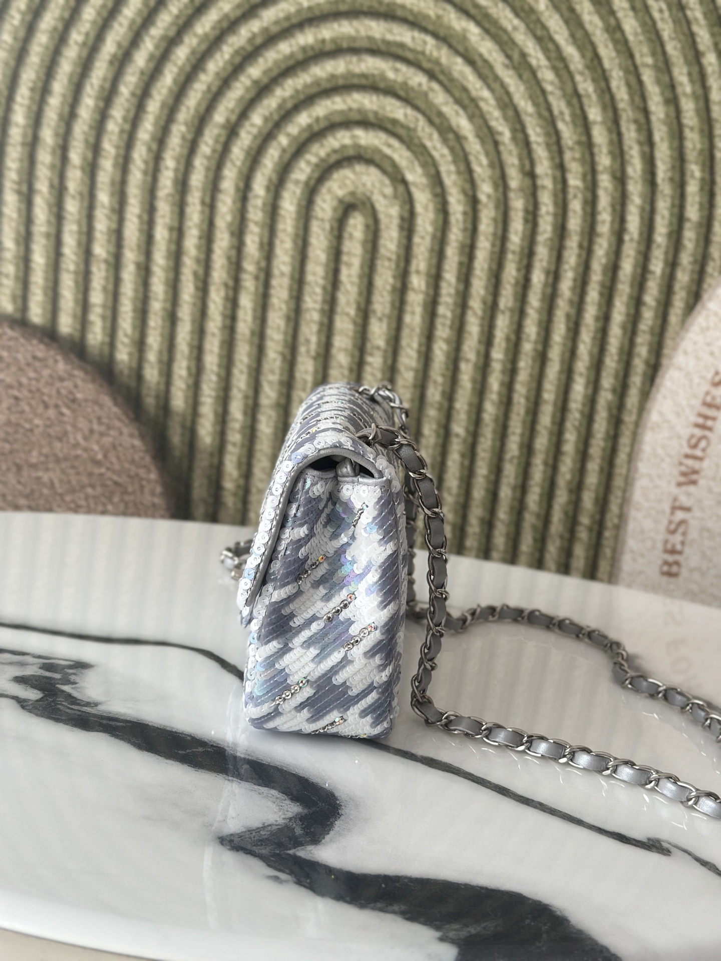 Limited Edition Silver Grey & White Houndstooth Sequin & Strass Mini Classic Flap Bag with Silver-Tone Hardware