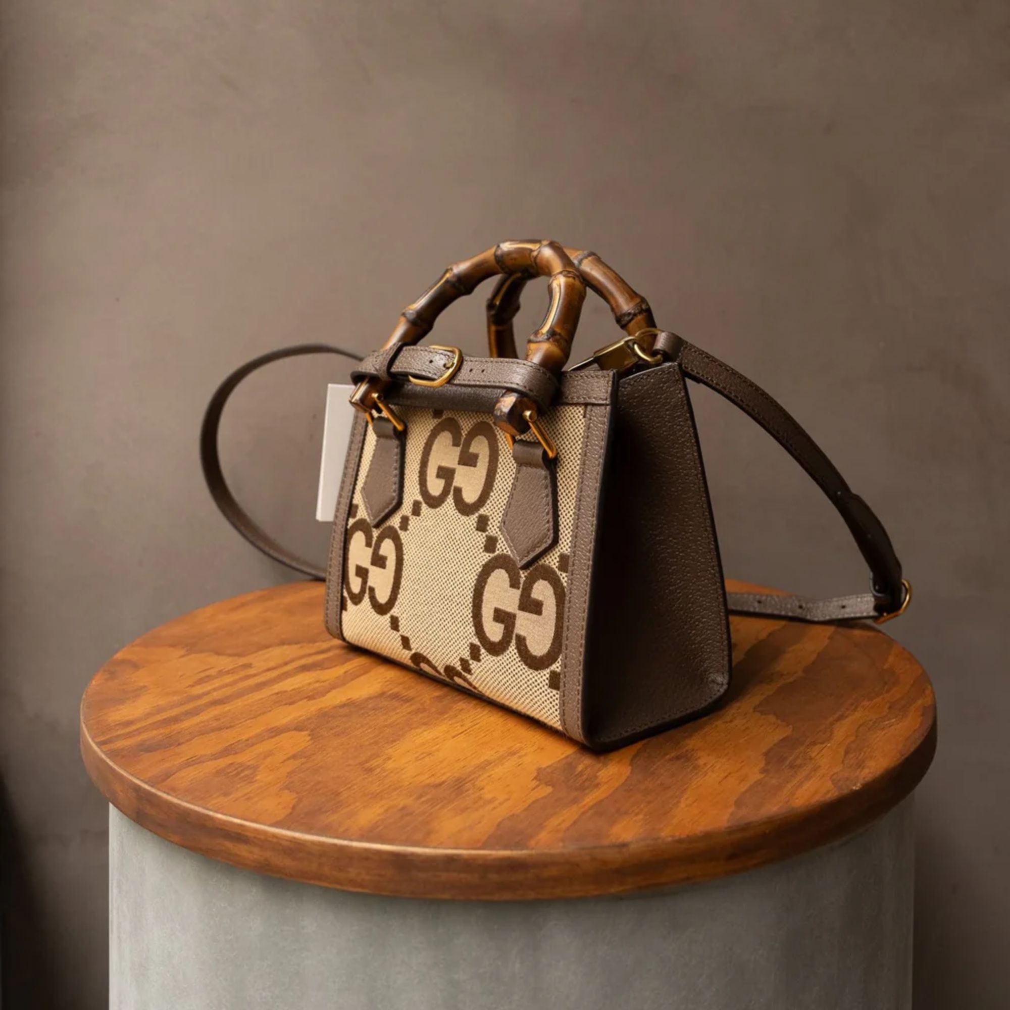 Gucci Diana Jumbo GG Mini Tote Bag Camel Brown Canvas 20cm