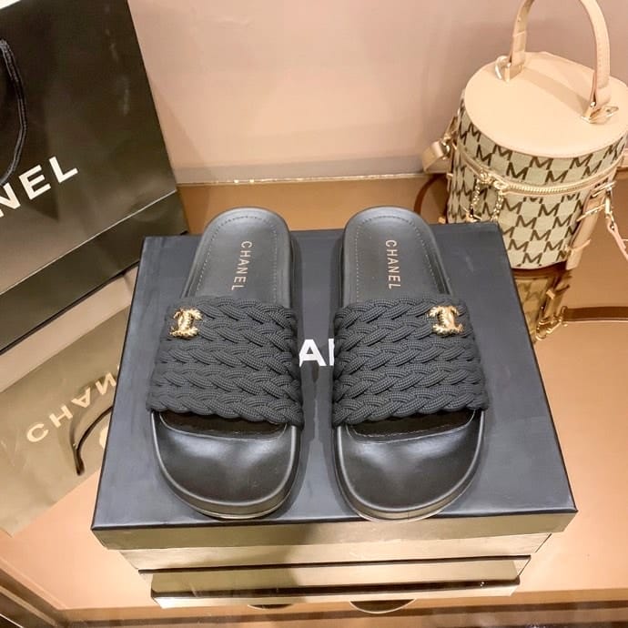 Chanel Braided Slides Black