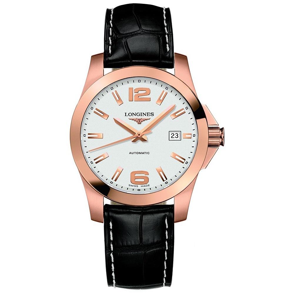 【Super Clone】Longines Men's L36768763 Conquest 18kt Rose Gold Automatic Black Leather Watch