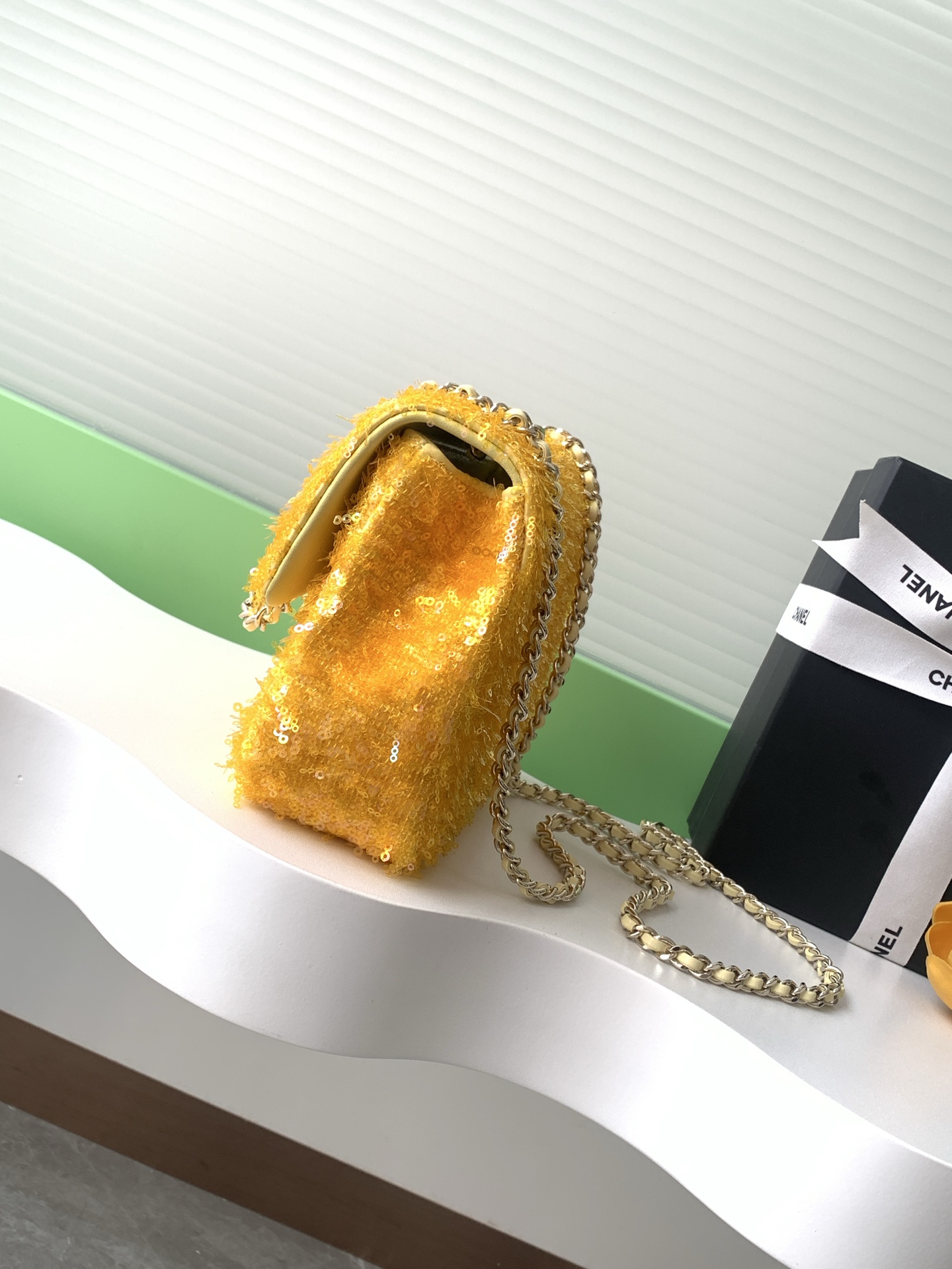 2025 FallWinter Classic Flap Bag in Bright Yellow Sequins (AS4561) with Light Gold-Tone Hardware
