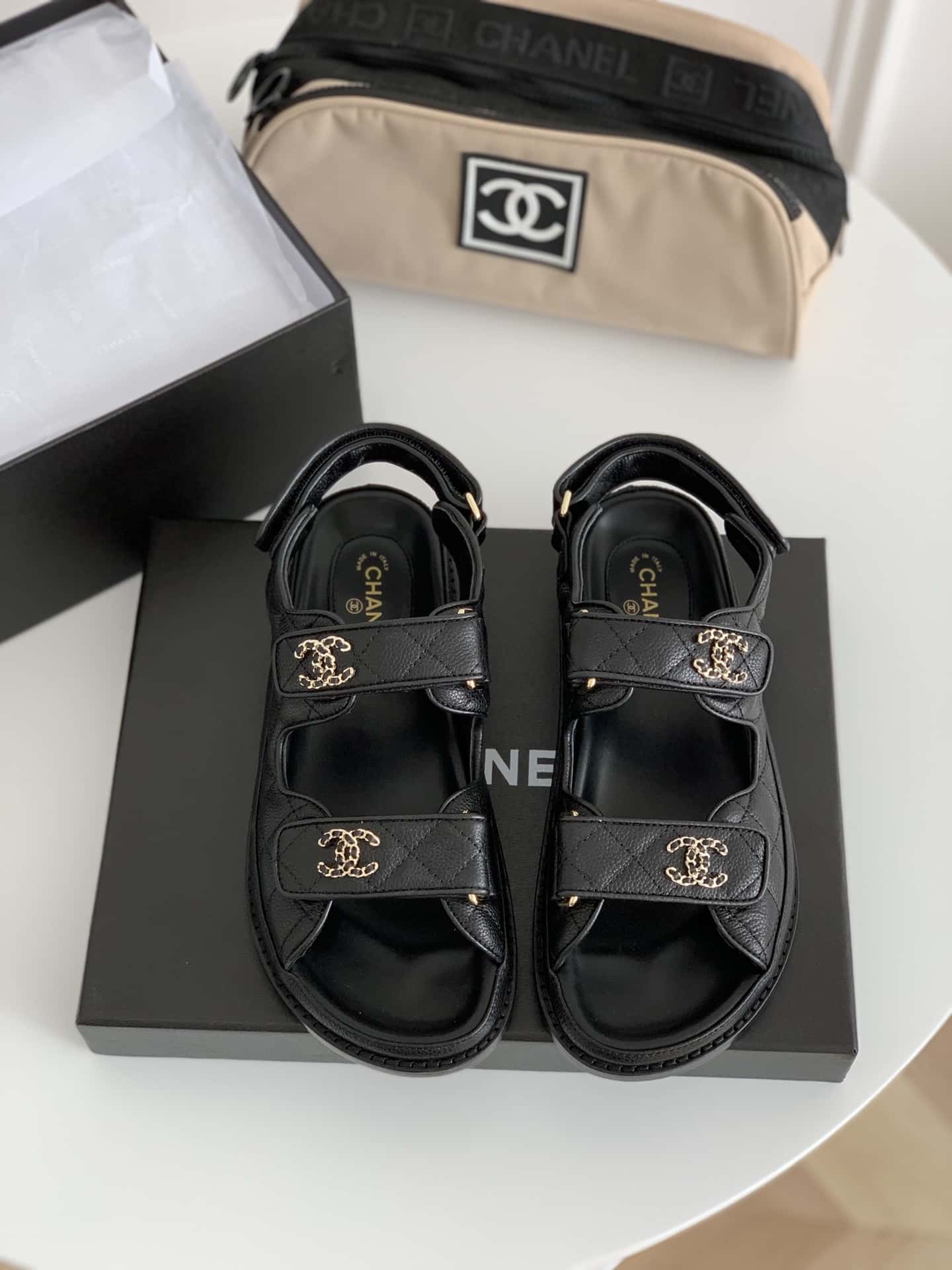Chanel Cc Button Velcro Black Sandals Grained Calfskin Leather