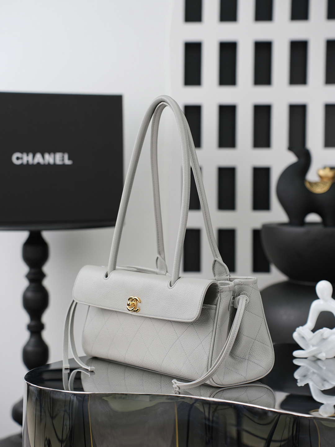 Spring-Summer 2026 Light Grey Quilted Caviar Leather Baguette Shoulder Bag with Gold-Tone Hardware & Long Handle