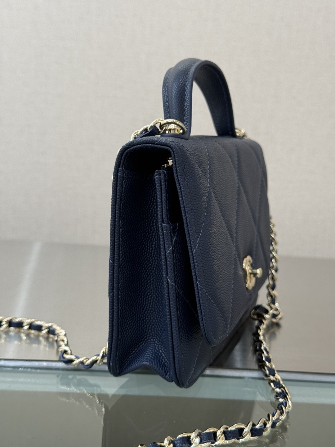 Wallet on Chain with Top Handle (AP3984) in Navy Blue Caviar Leather with Gold-Tone Hardware, 25C Cruise Collection