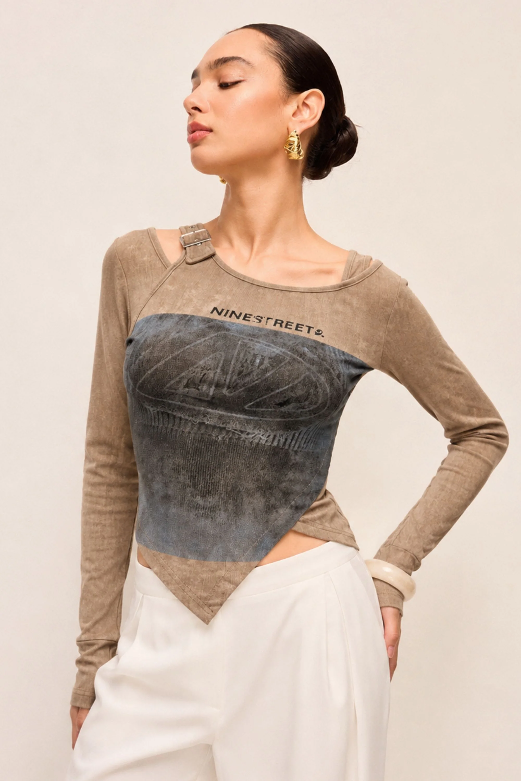 Beige Printed Off-balance Top