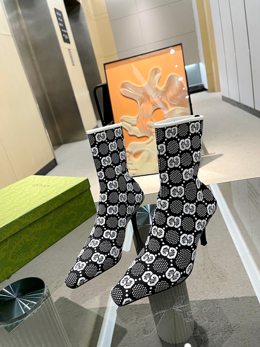 Gucci Gg 75Mm Knit Ankle Boots Black White Fabric 718378 Faaqp 1008